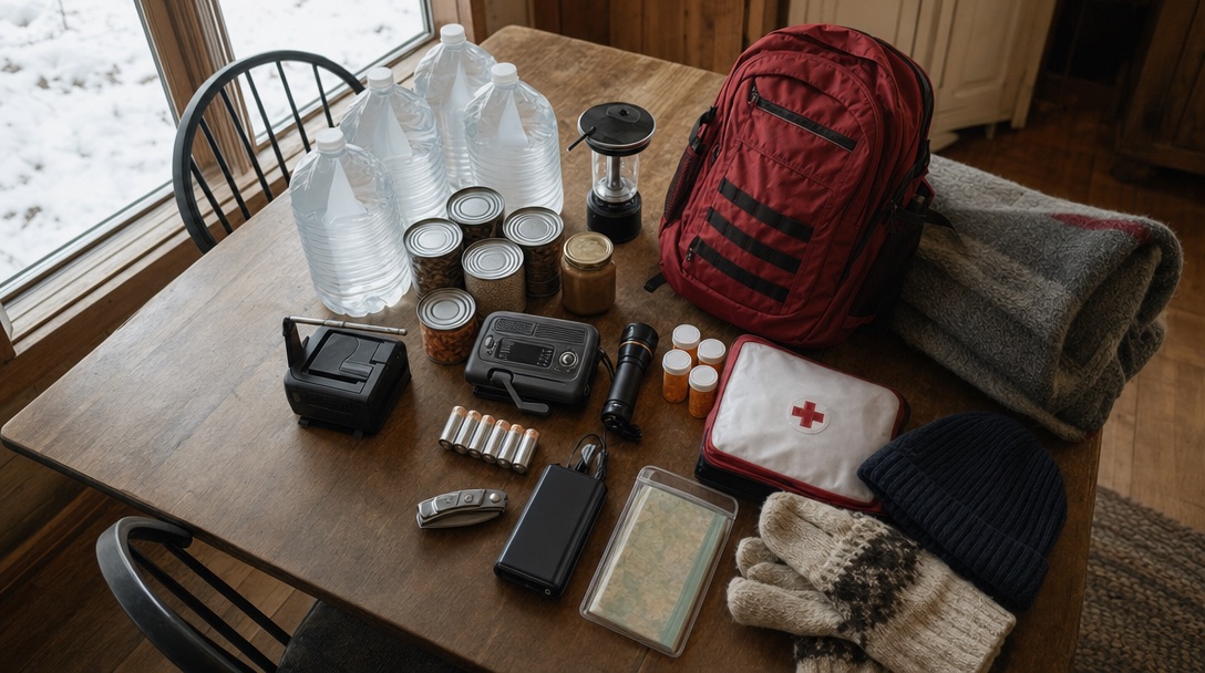 An emergency kit laid out on a farmhouse kitchen table: water jugs, canned food, a lantern, a radio, a flashlight, batteries, a first aid kit, pill bottles, a map, a power bank, a wool blanket, a hat, mittens and a red backpack