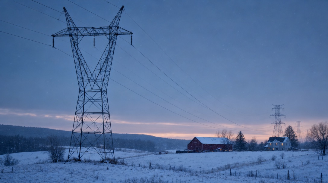 High-voltage transmission towers crossing snowy farmland at winter dusk, with a red barn and a lit farmhouse in the distance