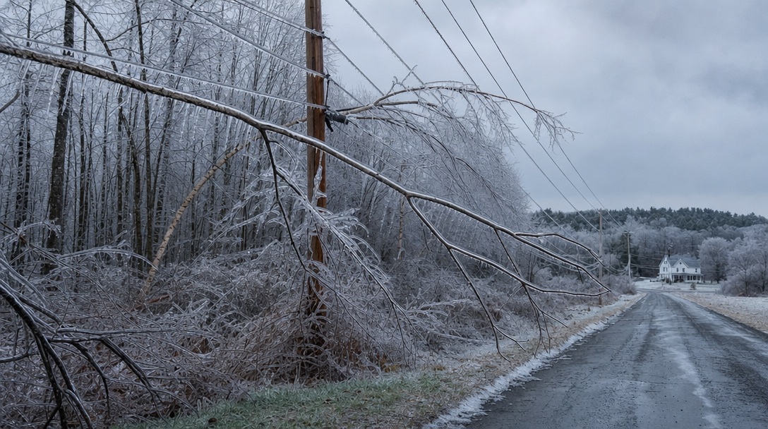 A rural road after an ice storm, with ice-coated birch branches sagging onto power lines beside a wooden utility pole and a farmhouse in the distance