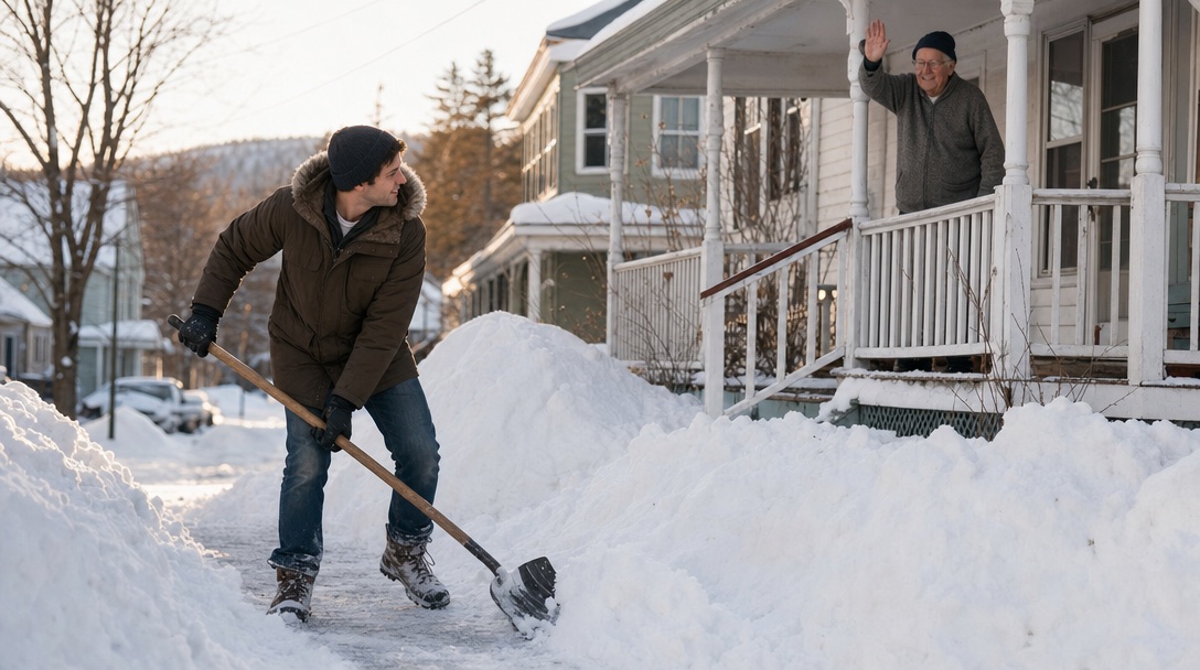 A young man shoveling the front walk of an older neighbor's house in a snowy village while the neighbor waves from the porch