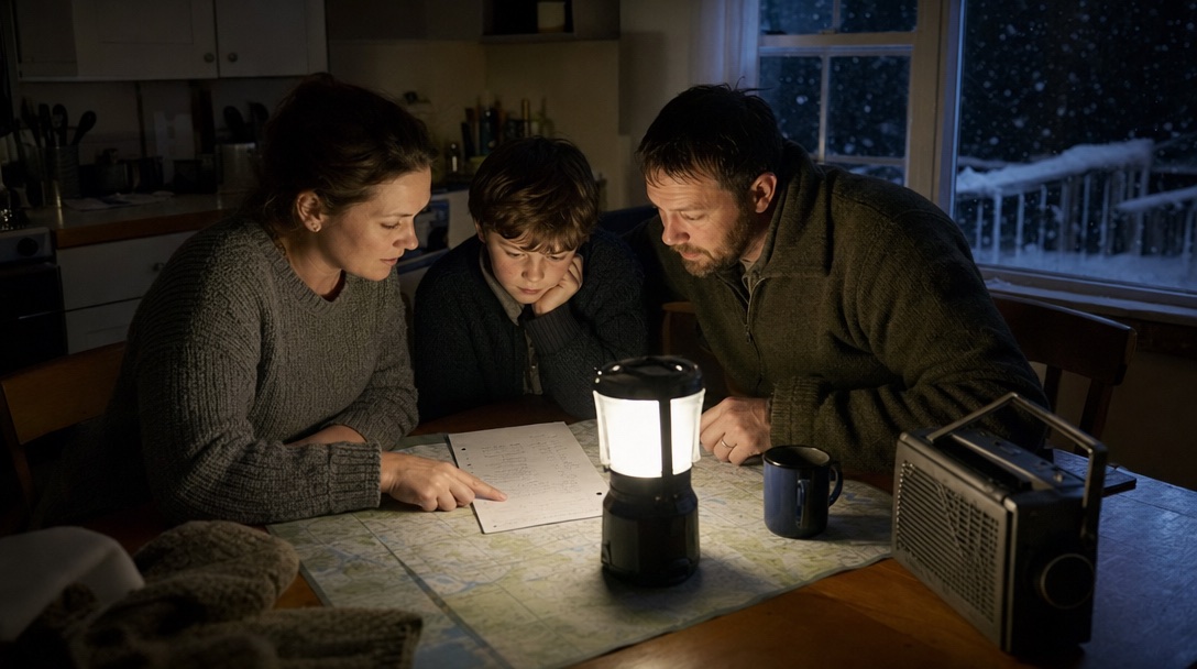 A family of three at a kitchen table at night during a power outage, lit by a battery lantern, looking over a handwritten plan and a paper map beside a radio