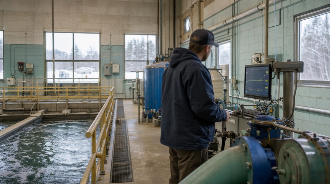 An operator in a work jacket checking a monitor beside pumps and treatment tanks inside a small municipal water plant