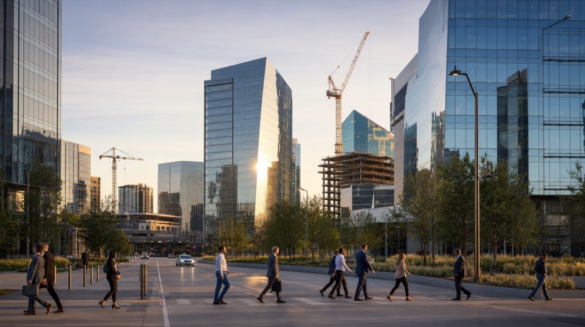The downtown Dallas skyline at sunset with a Texas flag in the foreground