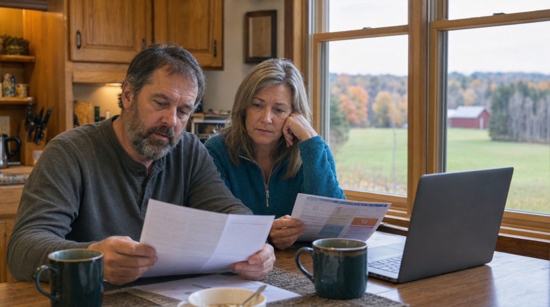 An older couple at a kitchen table reviewing a property tax bill and school budget notice