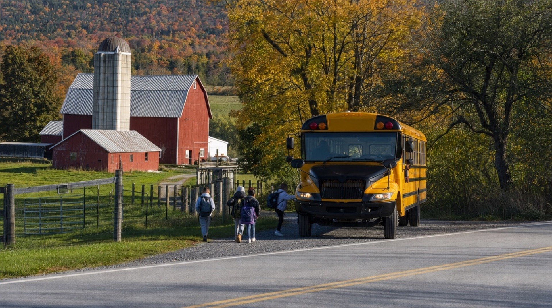 A yellow school bus on a rural road beside a dairy farm and red barn in autumn