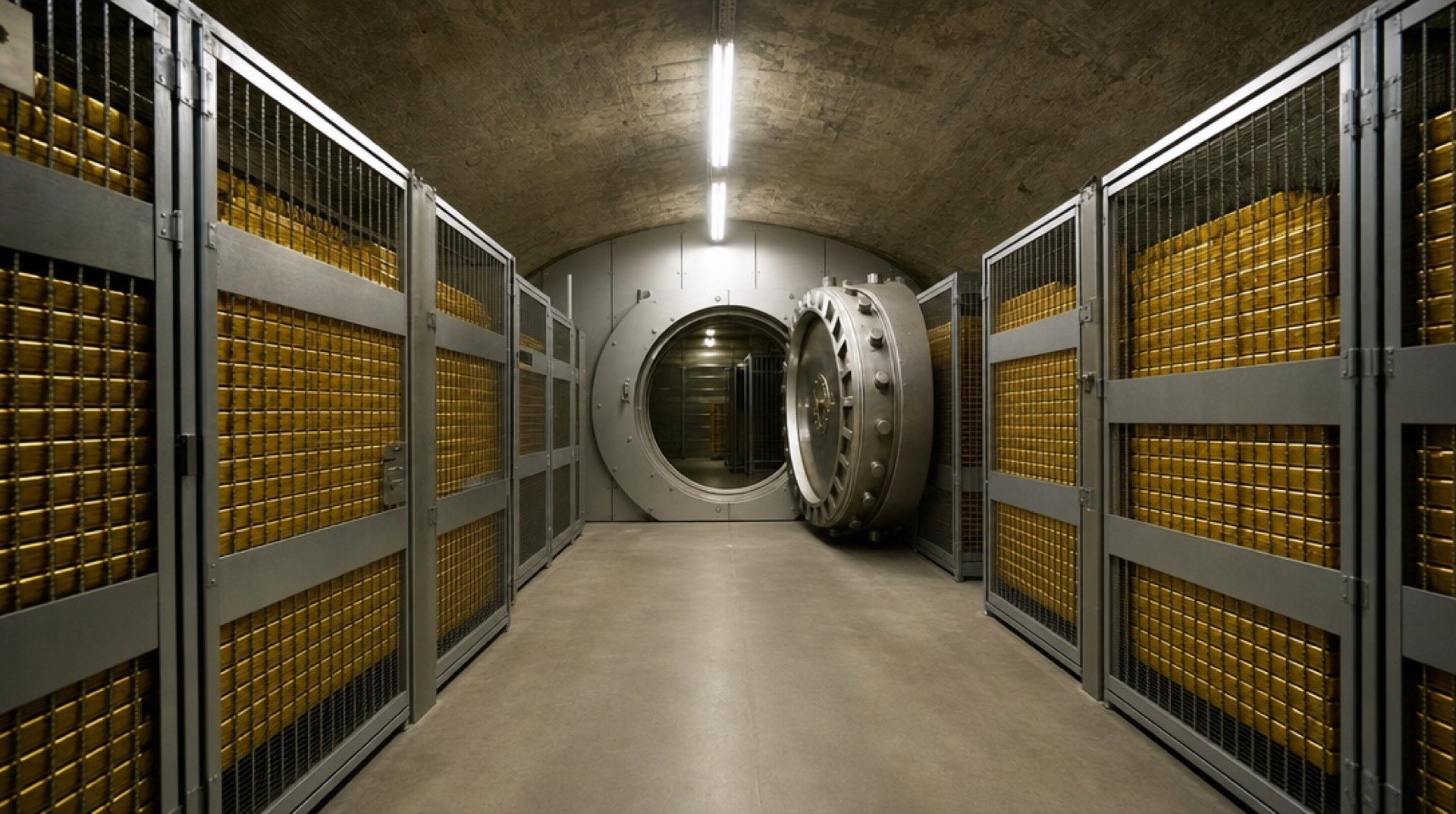 Stacks of gold bars inside a deep underground bank vault with a heavy steel door