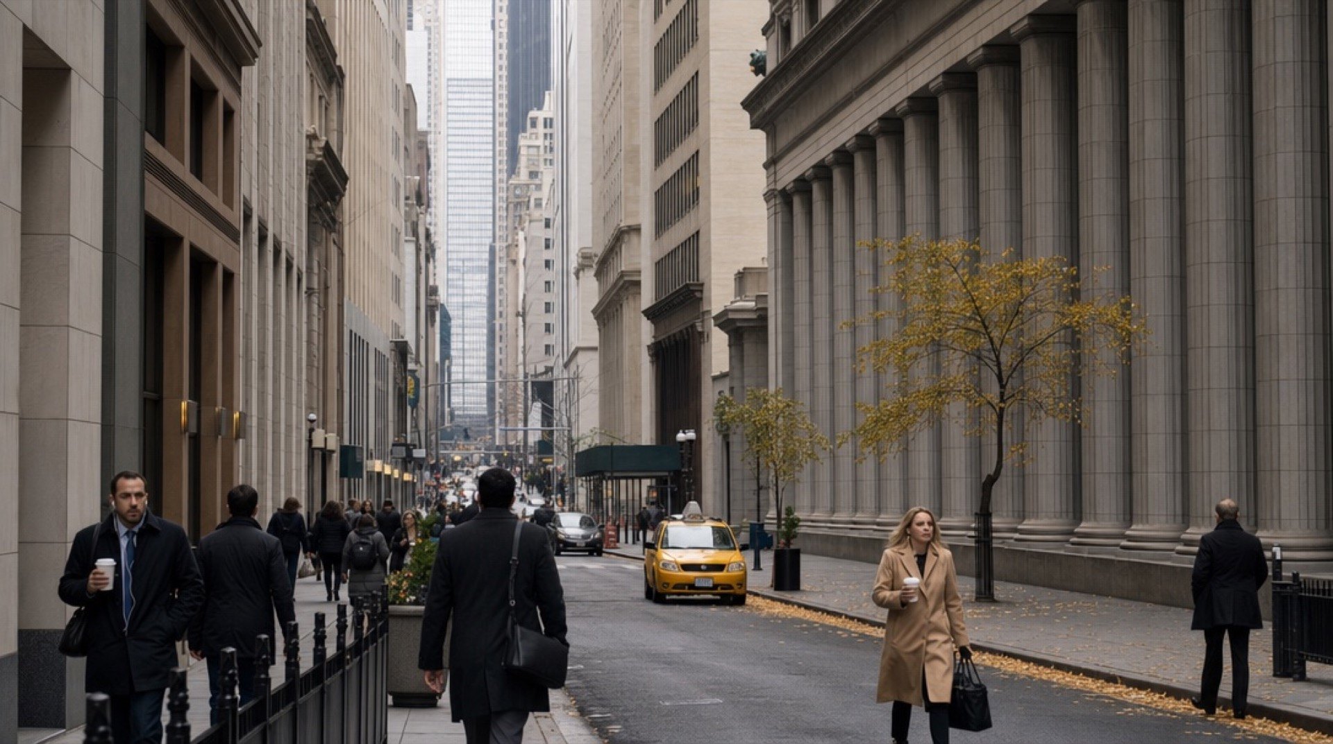 The New York Stock Exchange facade on Wall Street with American flags, early morning