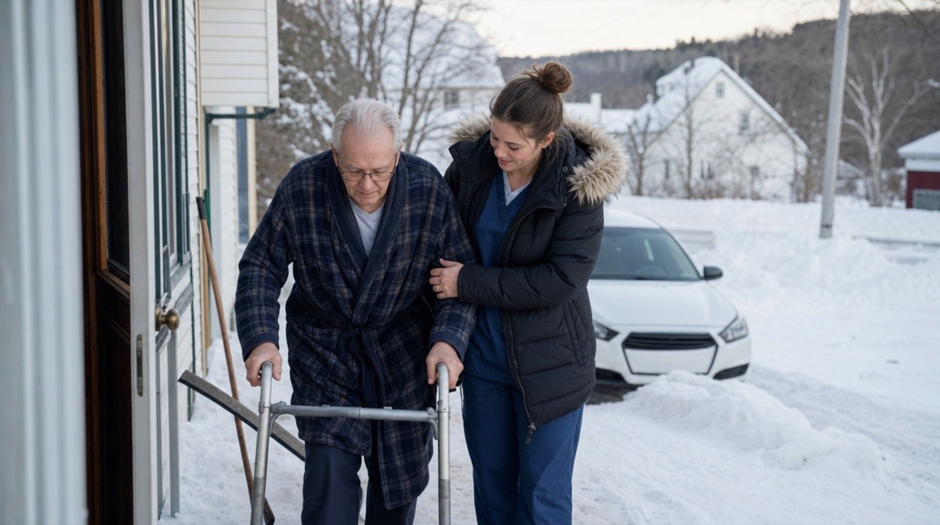 A home care aide in scrubs helps an elderly man with a walker at the door of his snowy village home