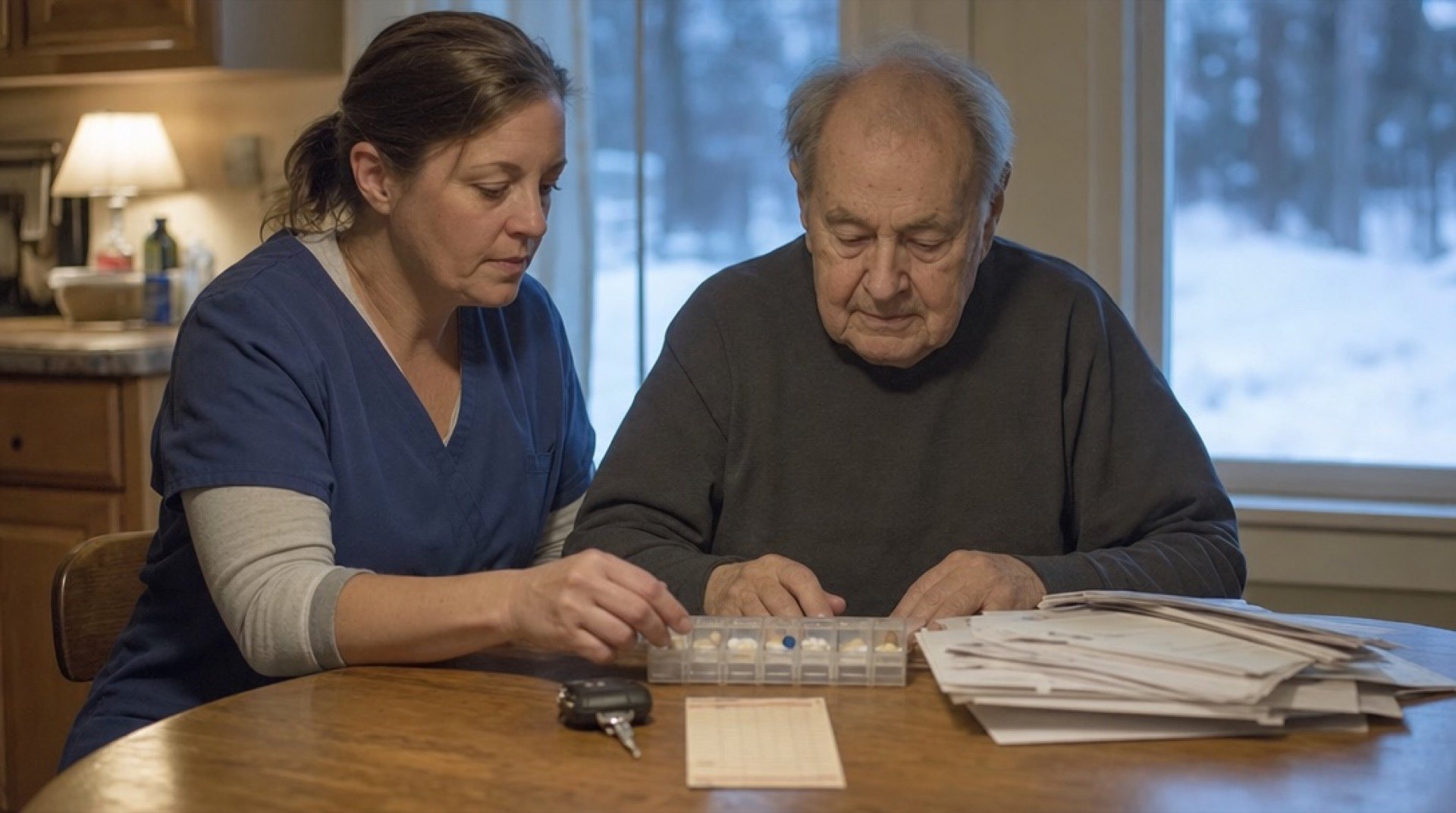 A caregiver sorts an elderly man's pill organizer and paperwork at his kitchen table in the evening
