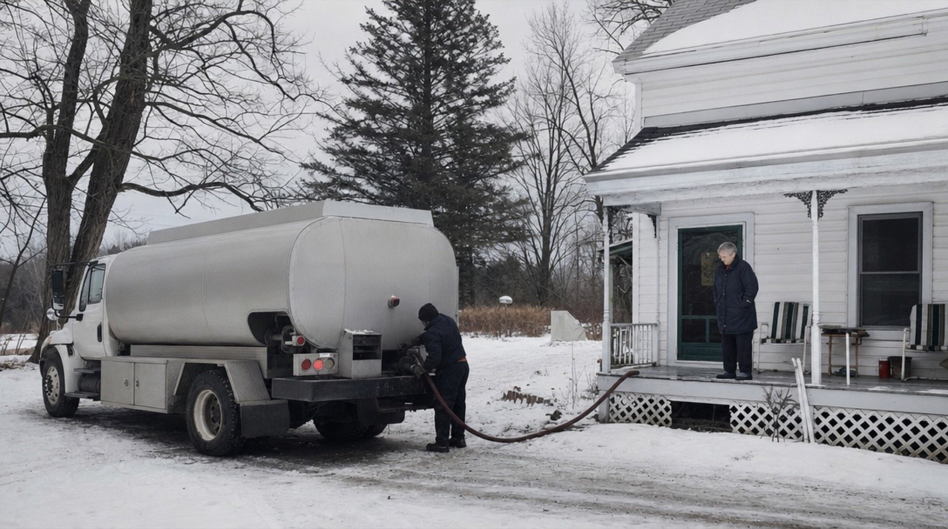 A heating oil truck fills the tank at an older farmhouse while the homeowner watches from the porch