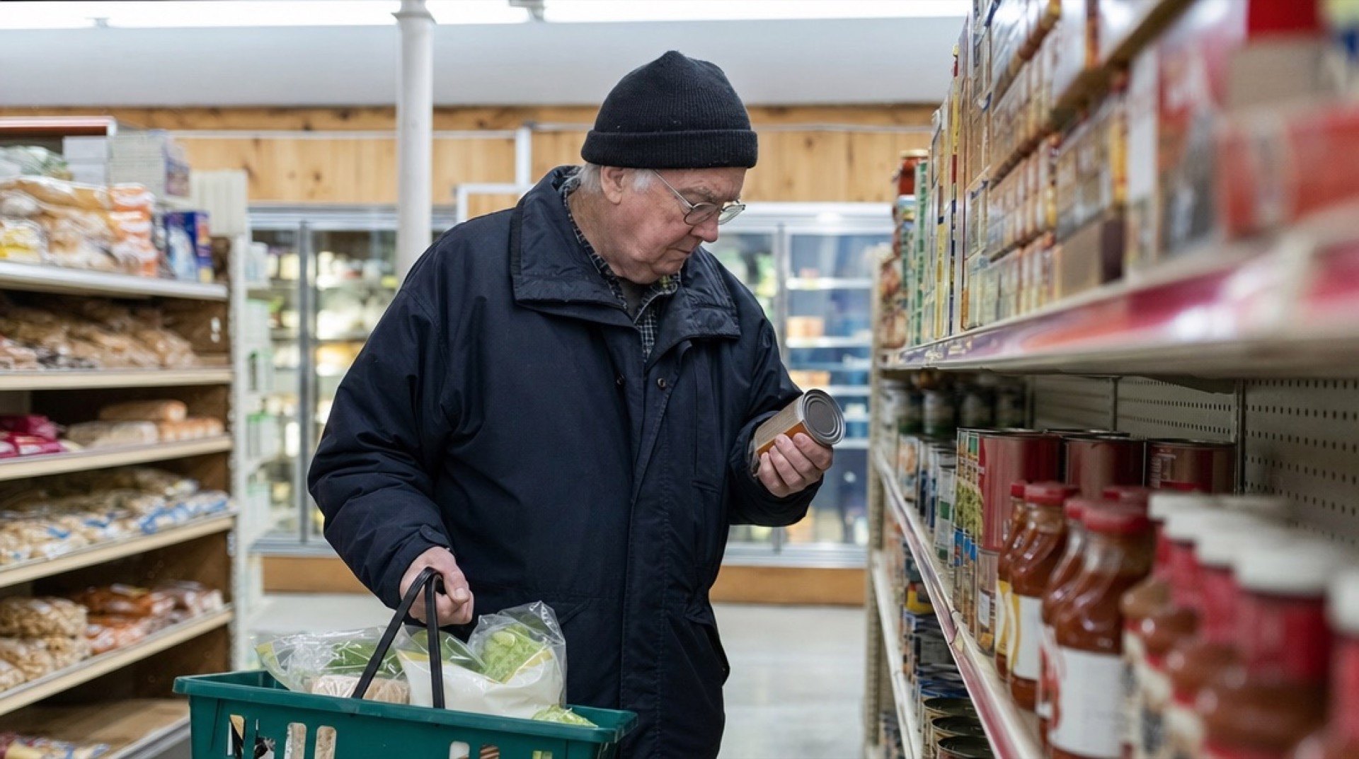 An elderly man in a winter jacket checks the price on a can in a small-town grocery aisle