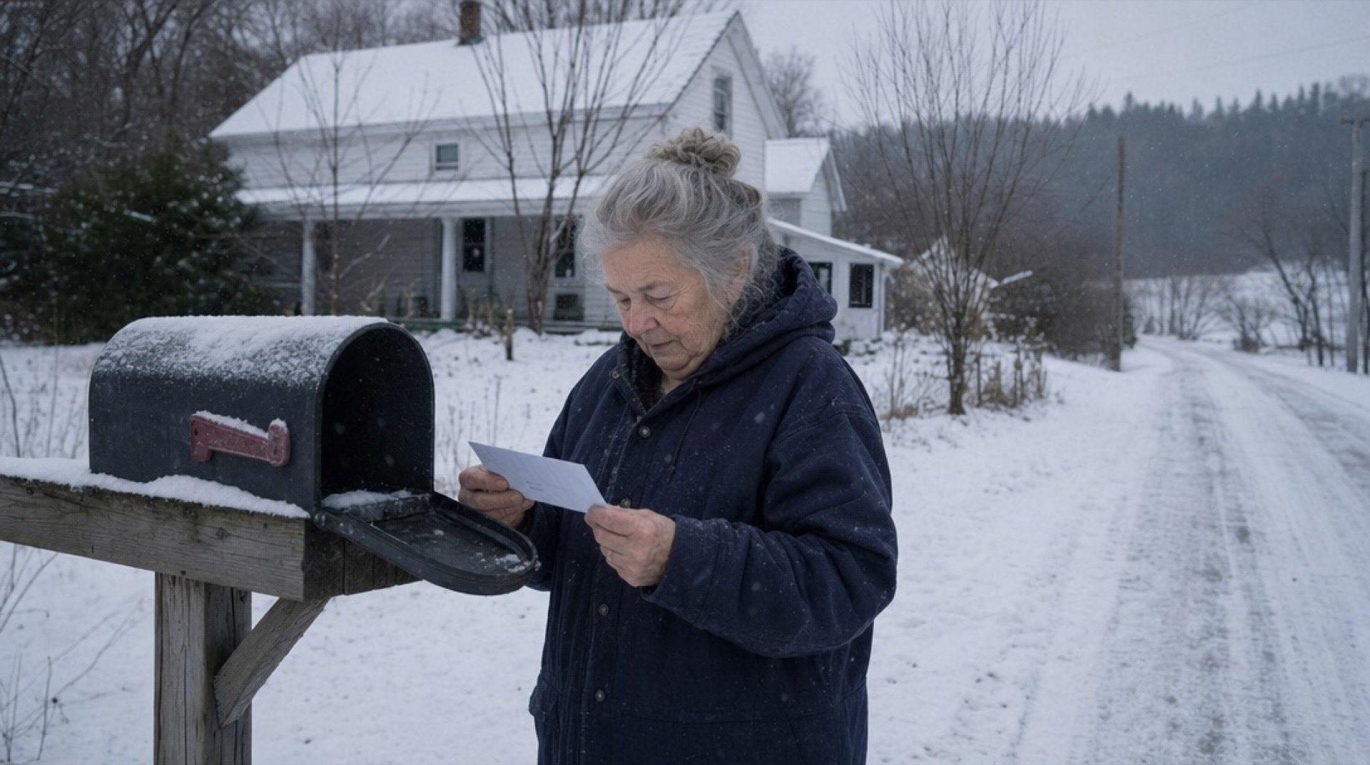 An elderly woman opens an envelope at a snowy roadside mailbox in front of her farmhouse
