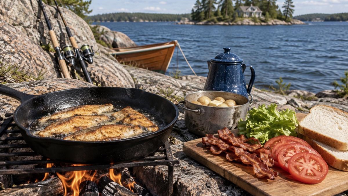 Fish frying in a cast-iron pan over a campfire on an island shore, with salt potatoes, bacon and tomatoes