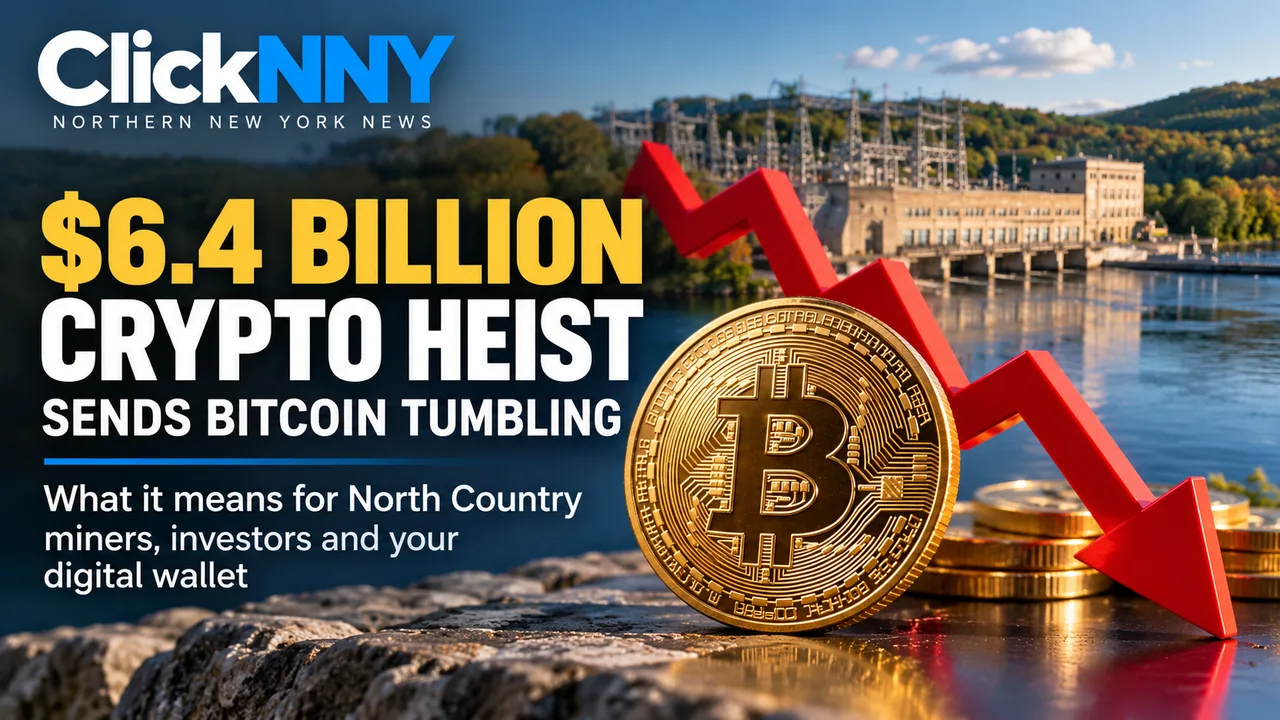 Editorial illustration of a Bitcoin coin and a falling red arrow beside a river power plant; not a photograph