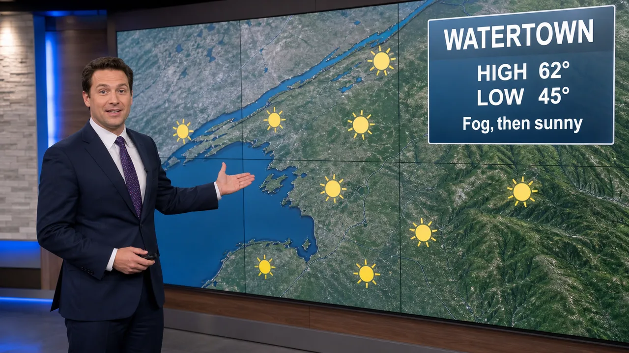 Illustration: a TV meteorologist presents the North Country forecast, a high of 62 and a low of 45 in Watertown