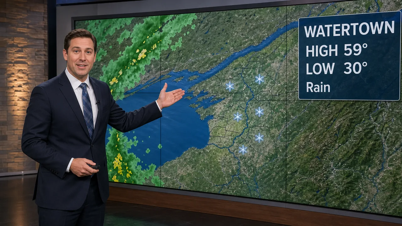 Illustration: a TV meteorologist presents the North Country forecast, a high of 59 and a low of 30 in Watertown