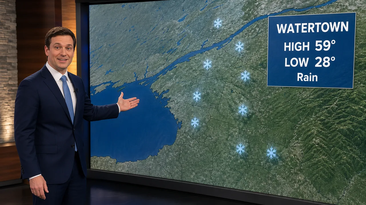 Illustration: a TV meteorologist presents the North Country forecast, a high of 59 and a low of 28 in Watertown