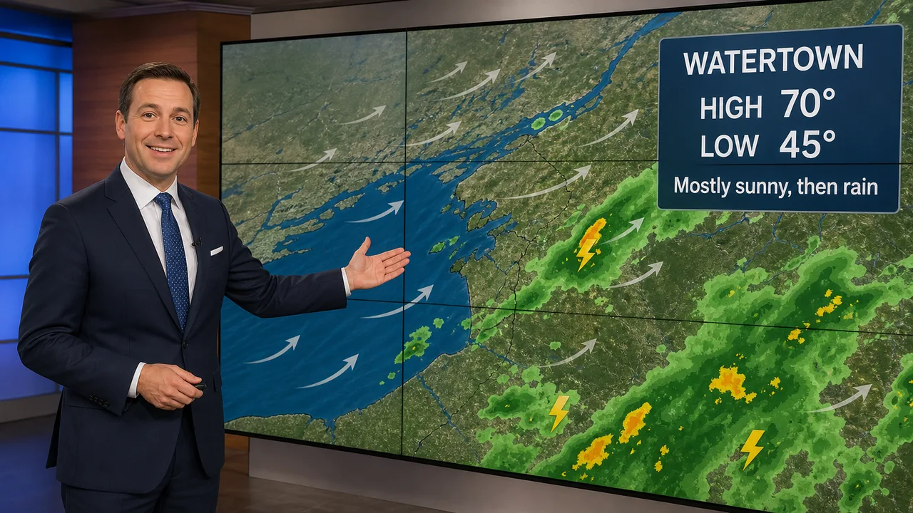 Illustration: a TV meteorologist presents the North Country forecast, a high of 70 and a low of 45 in Watertown