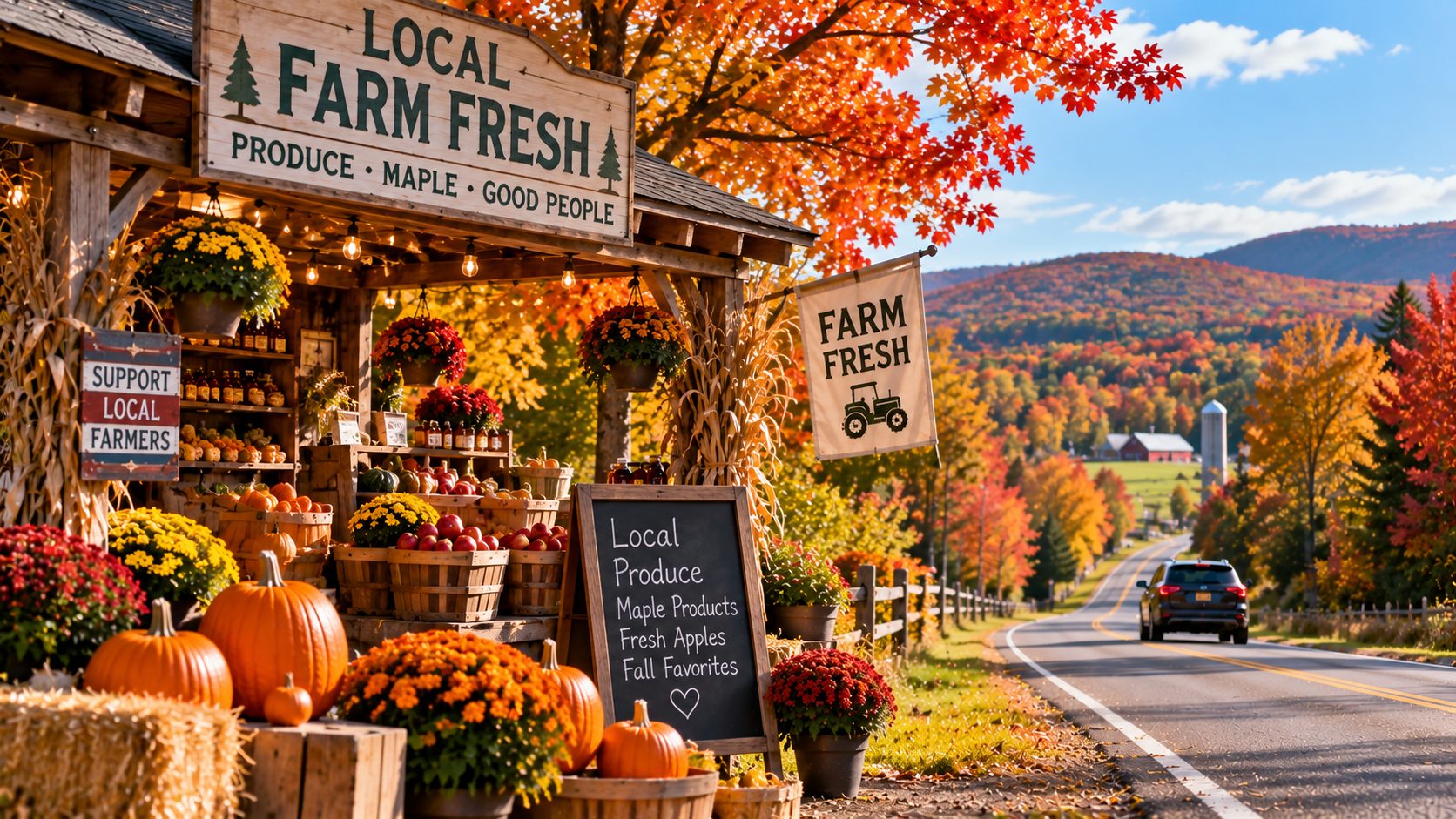Close-up of pumpkins, apples, maple syrup or fresh produce at a North Country roadside stand.
