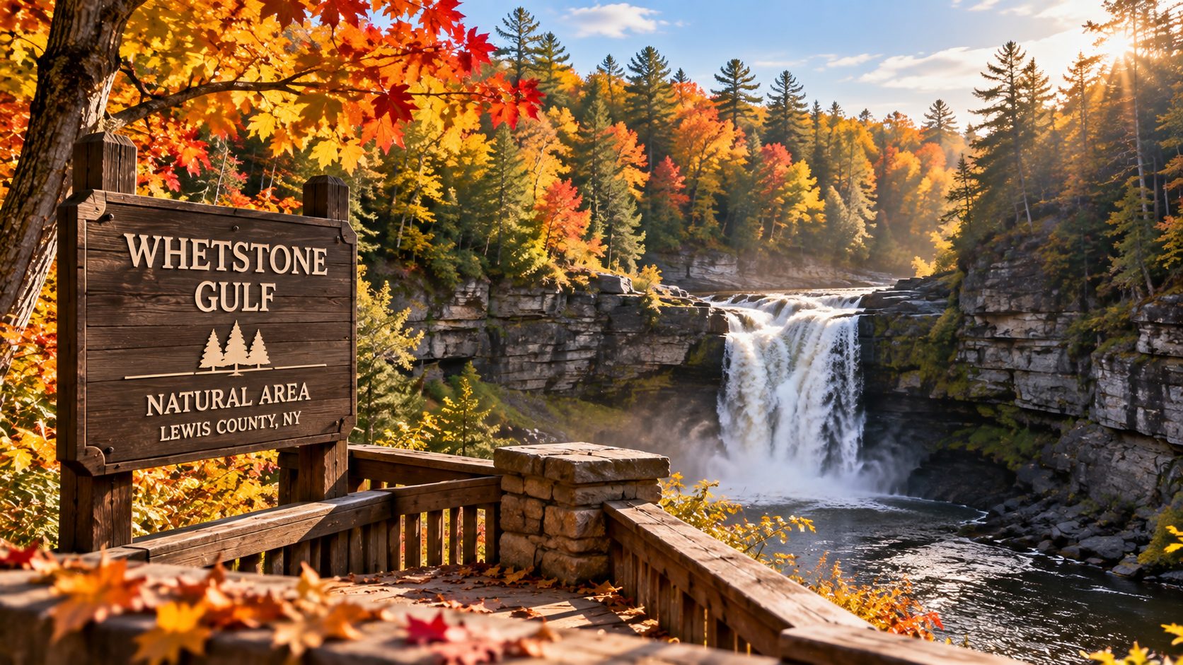 Large feature image across or down into Whetstone Gulf with strong fall color.