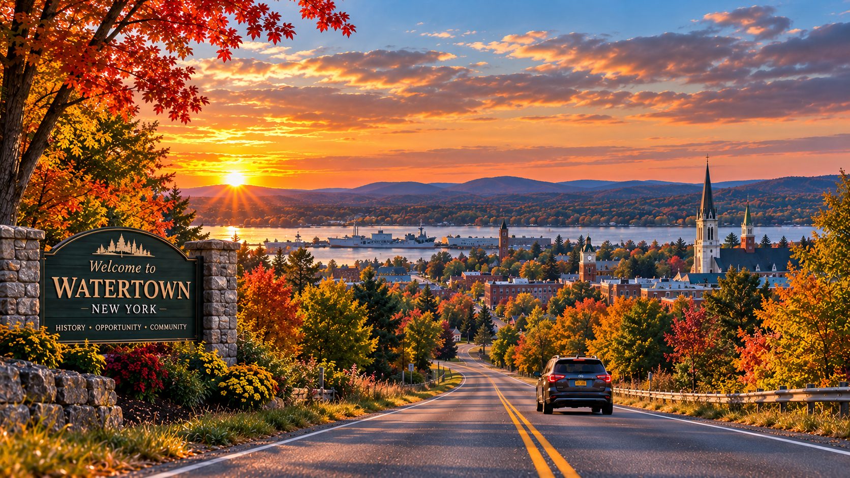 Wide horizontal photograph of a rural road leaving Watertown with farmland and fall color beginning along the horizon.
