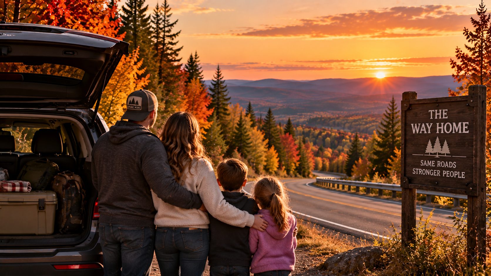 Family at a scenic overlook in warm late-afternoon light, with their vehicle nearby.