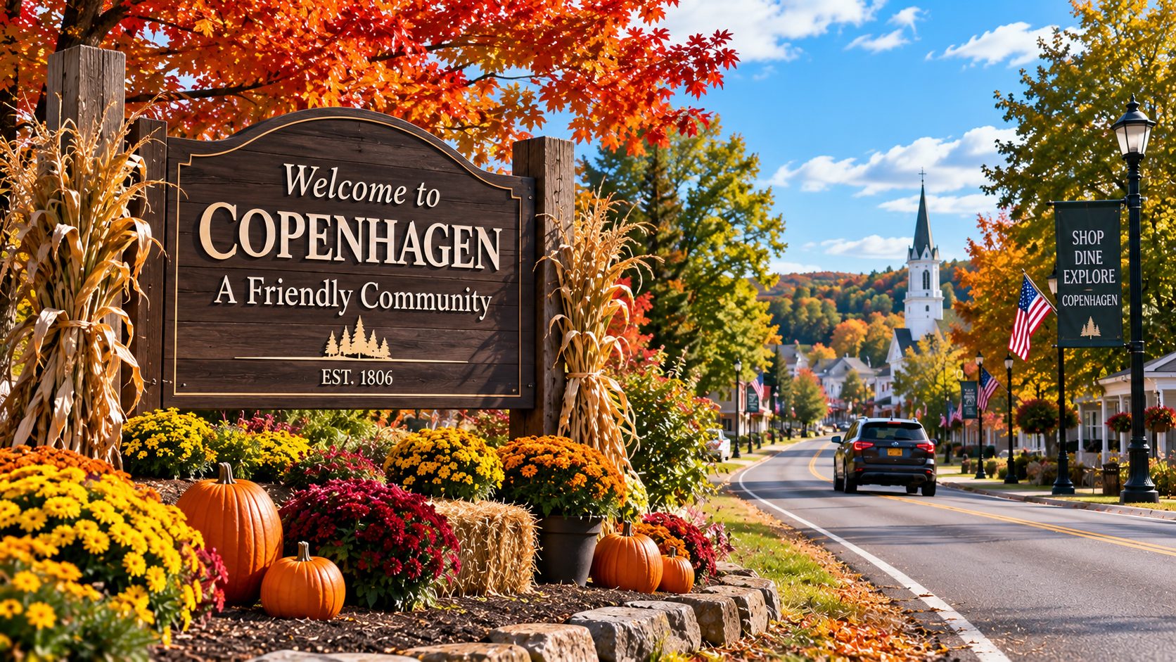 Copenhagen village / welcome scene in fall.